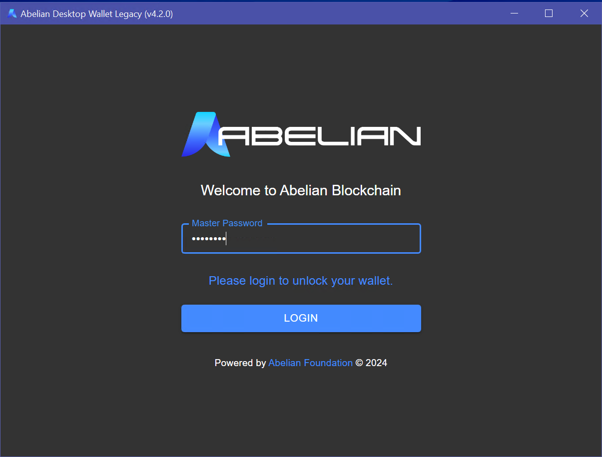 输入主密码登录 Abelian 桌面钱包