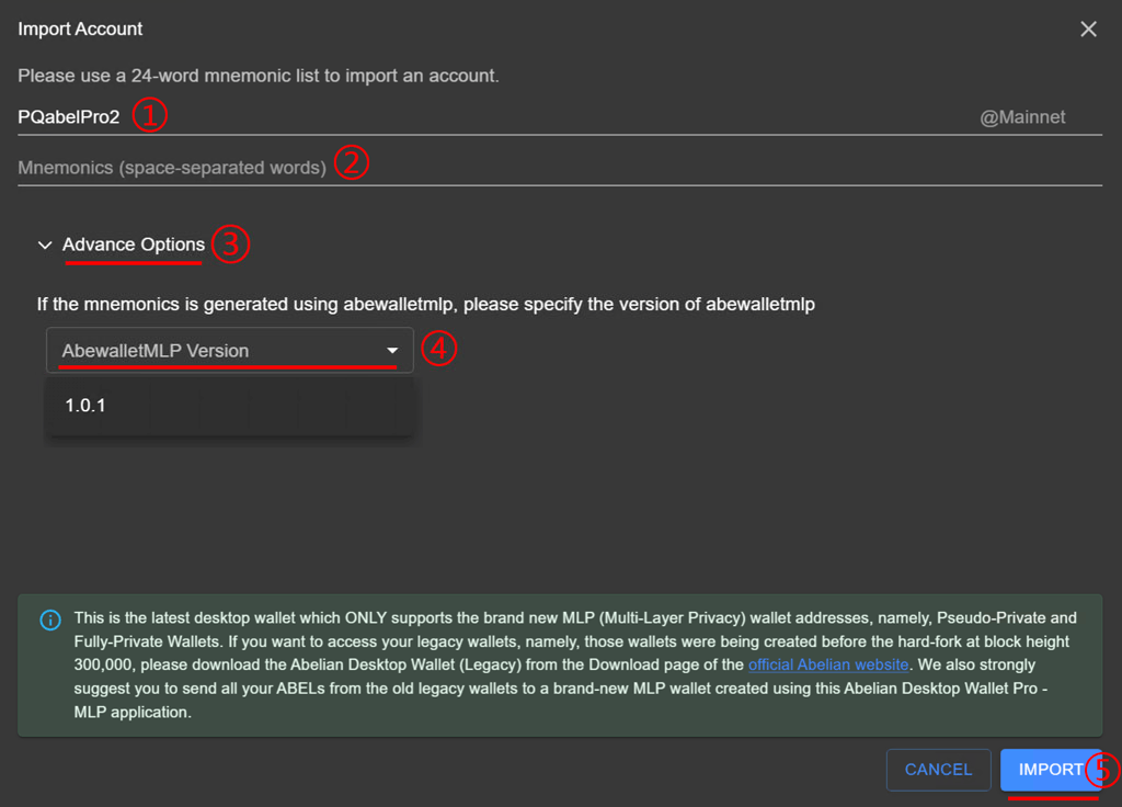 Enter wallet name and mnemonic