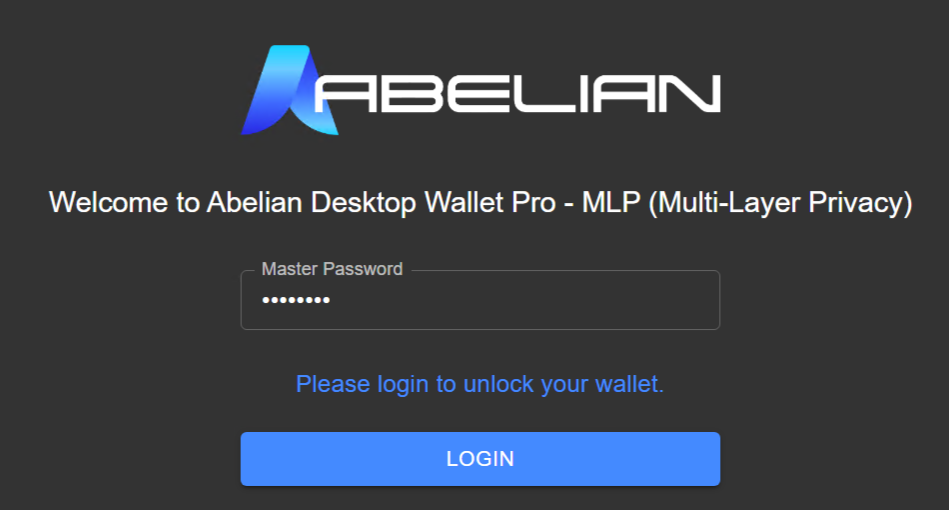 Enter the master password to log in to the Abelian Desktop Wallet