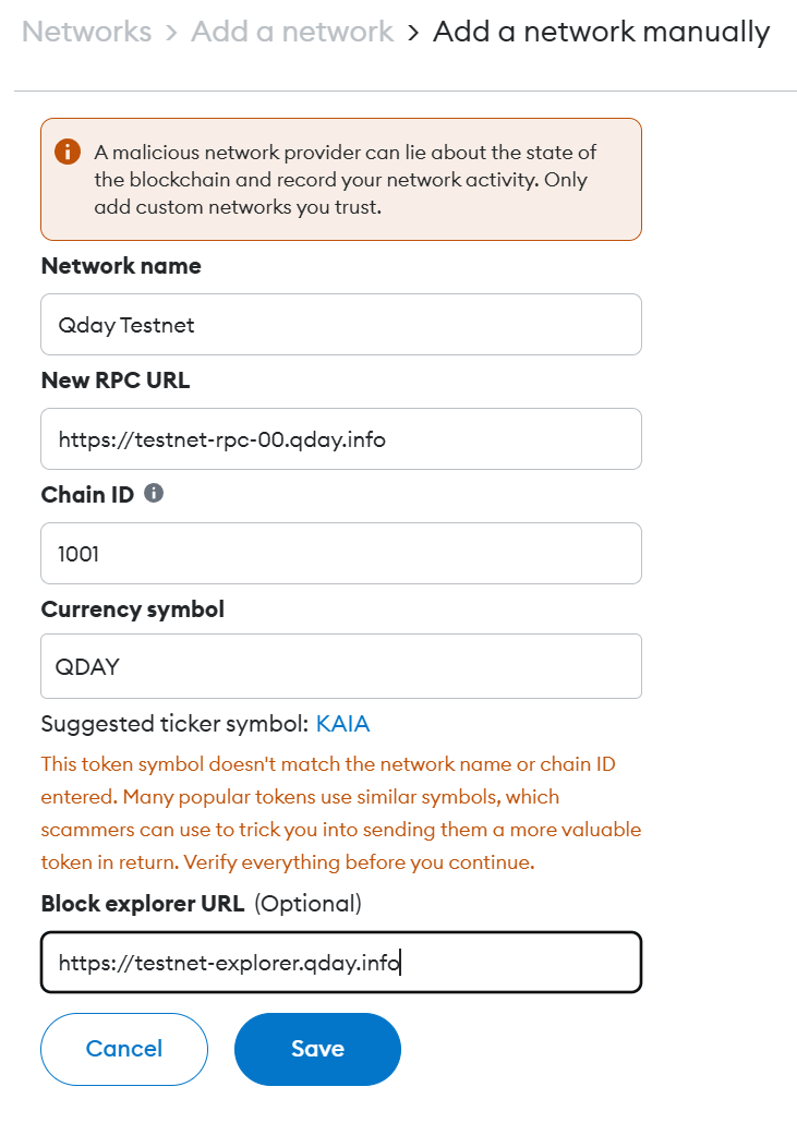 Manually Add QDay Testnet Network