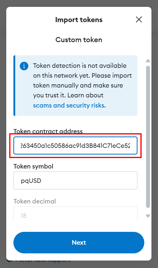 Import pqUSD Token in MetaMask